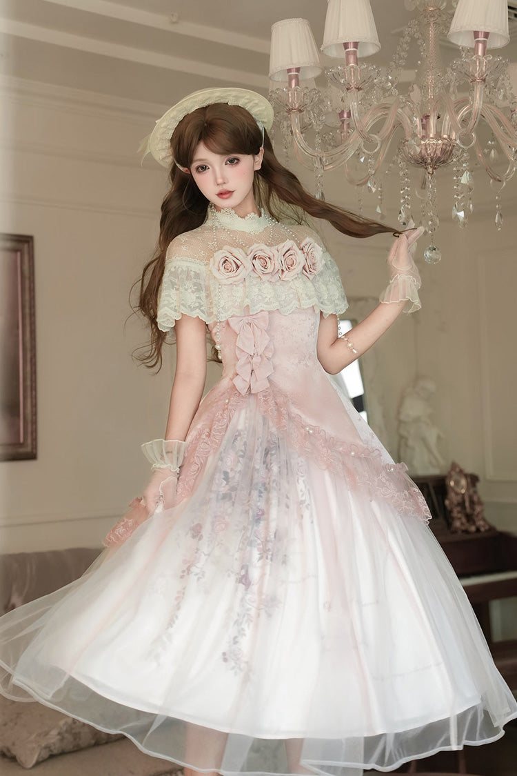 Pink Rose Poems Ruffle Embroidery Bowknot Lace Asymmetric Sweet Elegant Lolita Dress Set