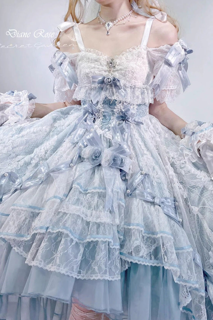 Blue Diane Rose Short Sleeves Multi-Layered Jacquard Ruffle Hanayome Cardigan Bowknot Lace Sweet Lolita Dress