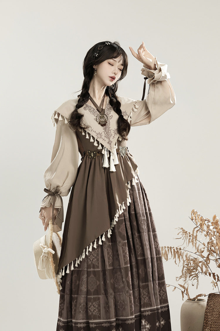 Brown Mysterious Tribe Long Lantern Sleeves Print Ruffle Asymmetric Sweet Chinese Style Lolita Dress
