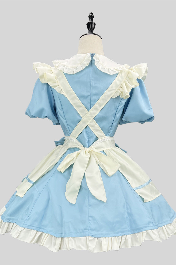 Blue/White Short Sleeves Ruffle Bowknot Lace Plus Size Sweet Maid Short Lolita Dress