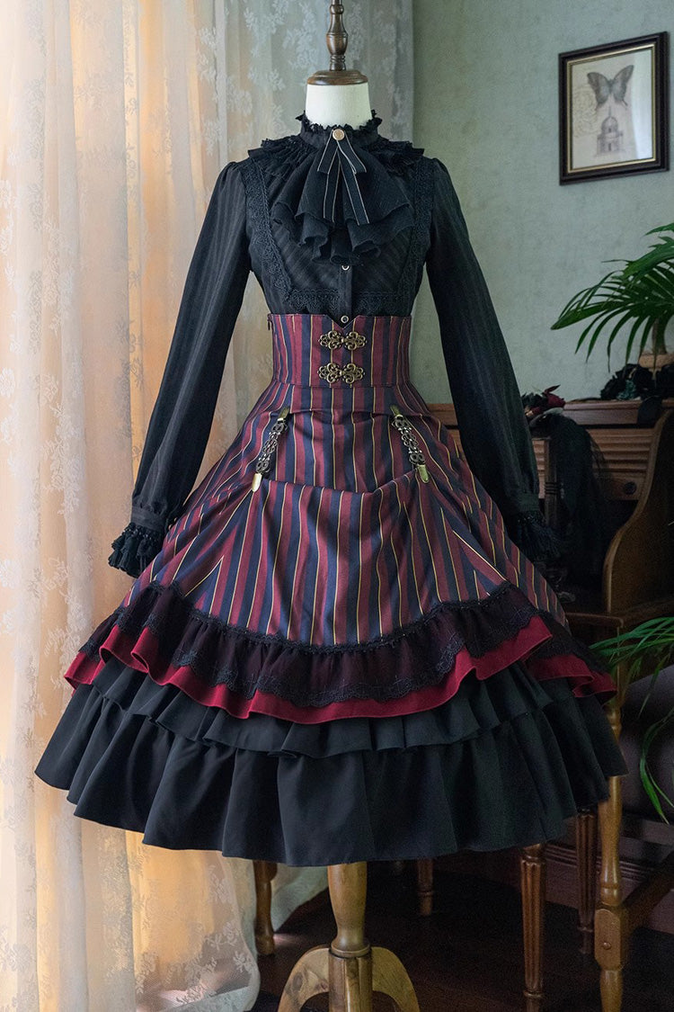 Point Manor Multi-layer Striped Print Ruffle Vintage Elegant Gothic Lolita Skirt 4 Colors