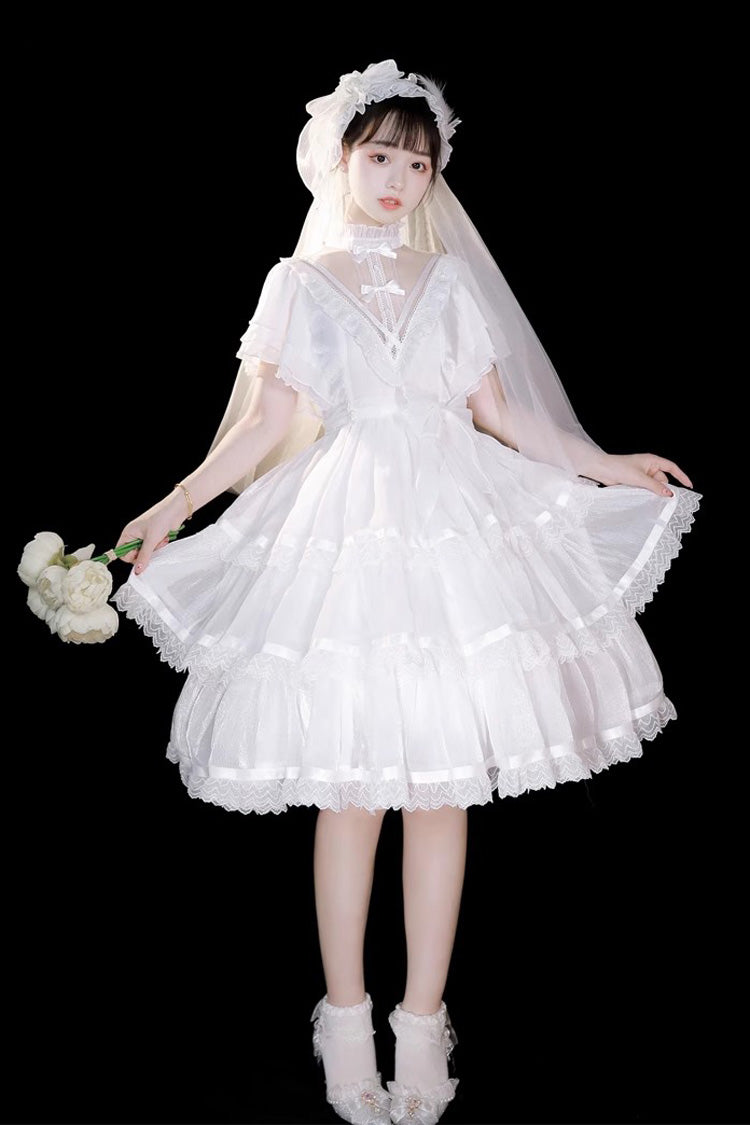 White Castle Night High Waisted Ruffled Hanayome Gothic Lolita Tiered Dress