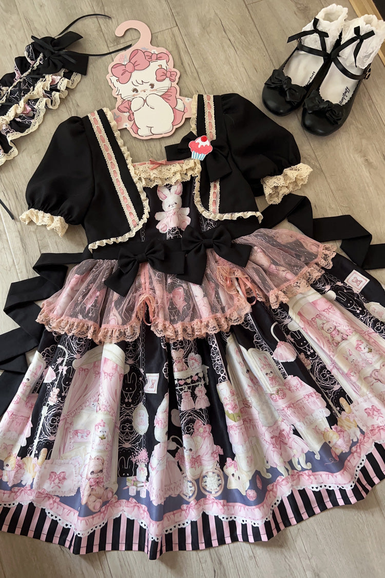 Rabbit Bear Wardrobe Print Ruffle Bowknot Sweet Lolita Dress 3 Colors