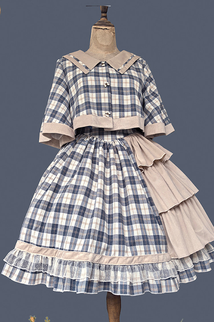 Grey/Blue Morning Tune Sleeveless High Waisted Print Ruffle Asymmetric Sweet Lolita Strap Dress