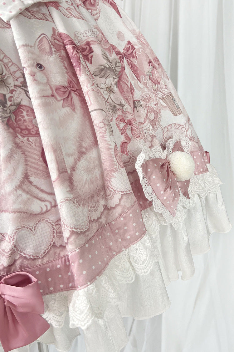 Pink Sweet Dessert Cat Print Ruffle Bowknot Lace Sweet Princess Lolita Dress Set