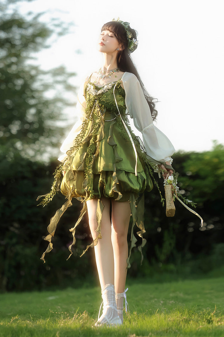 Green Children of the Forest Leaf Decoration Ruffle Irregular Sweet Lolita Jsk Dress Set