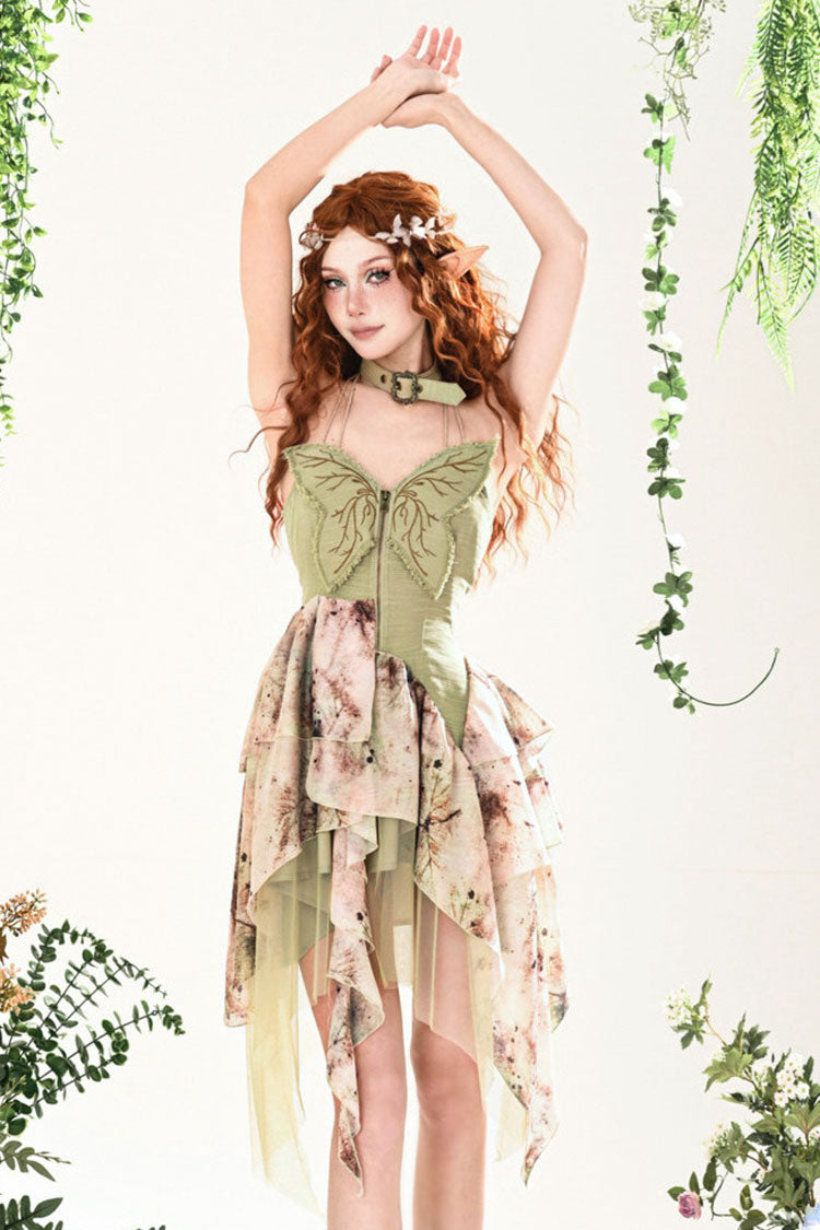 Green Forest Wandering 3D Butterfly Embroidery Lace Irregular Sweet Lolita Jsk Dress