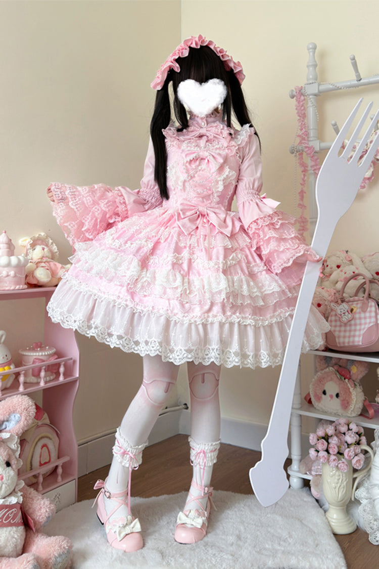 Pink Love and Heart Flutter Sleeveless Multi-Layered Ruffle Bowknot Lace Pearl Sweet Lolita Jsk Dress