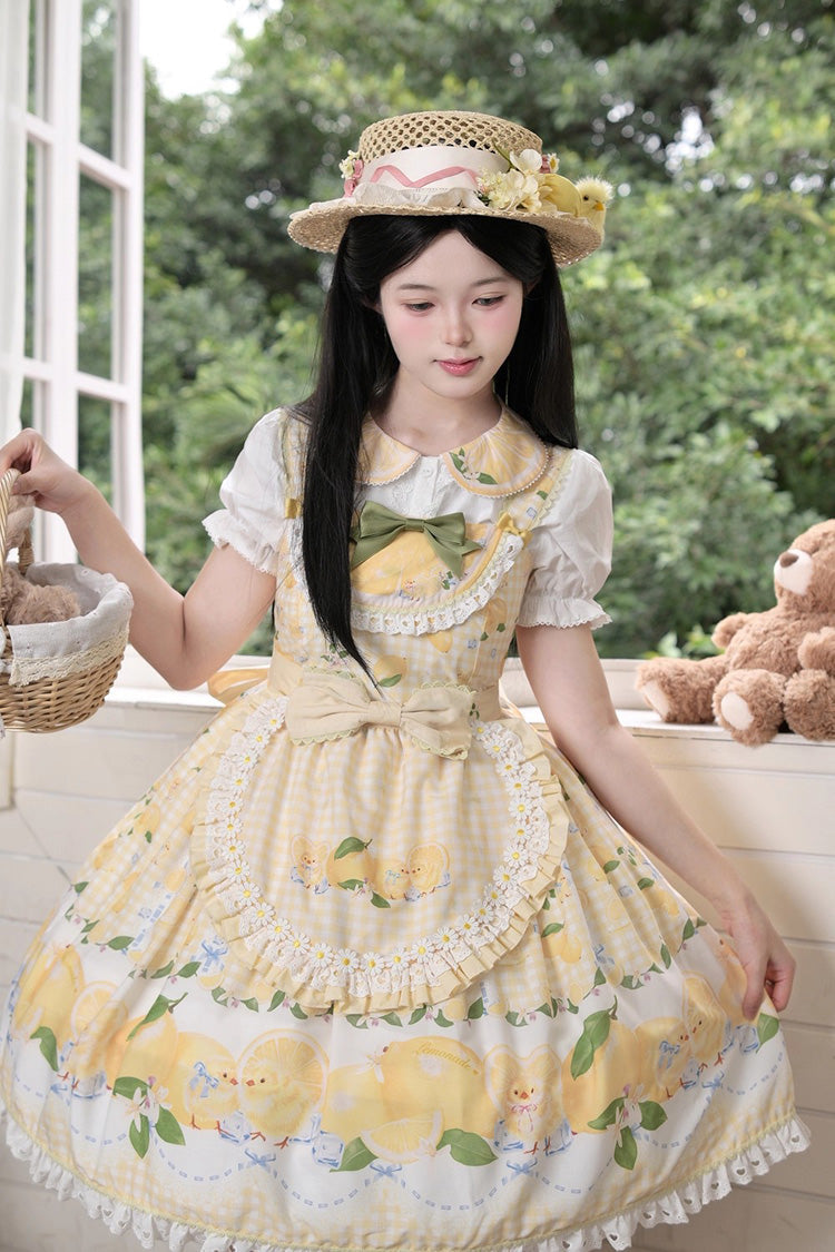 Yellow Lemon Chicken Print Ruffle Bowknot Lace Sweet Lolita Jsk Dress