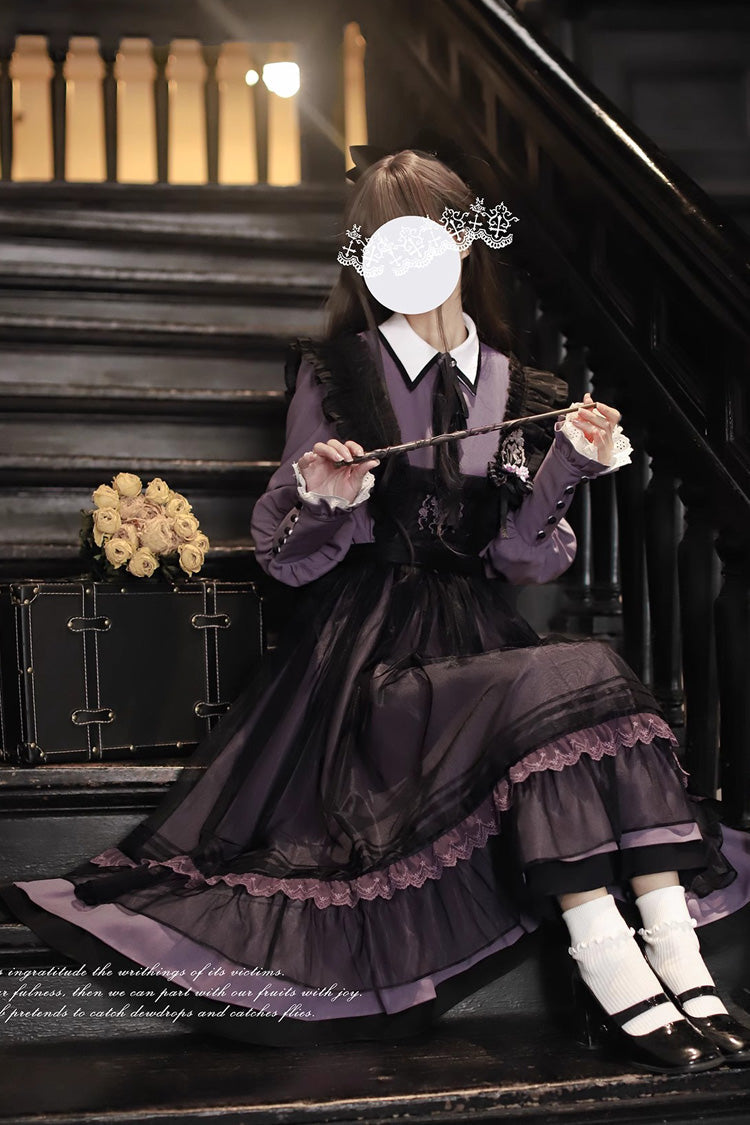 Black Witch Academy Double-Layered Ruffle Embroidery Bowknot Mesh Sweet Elegant Lolita Jumper Dress