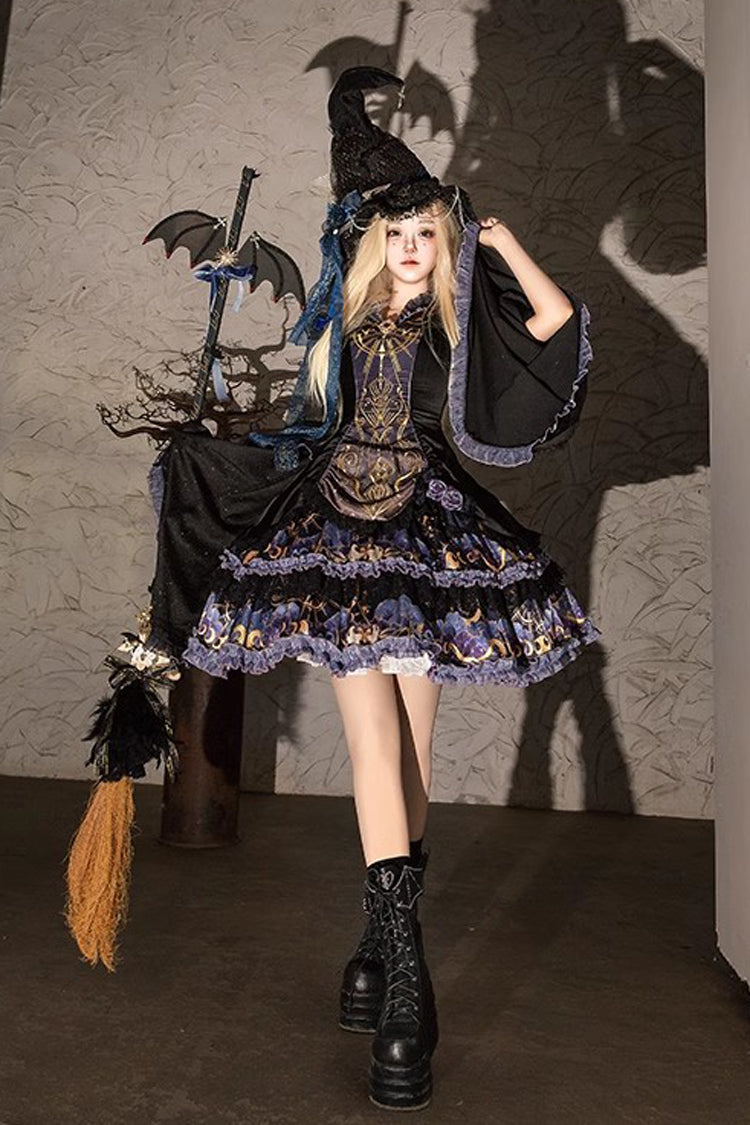 Black Astrology Cat Long Sleeves Double-Layered Print Ruffle Lace Gothic Lolita Dress