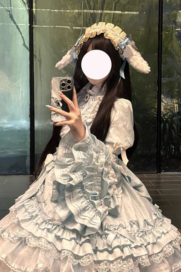 Blue The Soloist Doll Long Hime Sleeves Multi-Layered Print Ruffle Bowknot Asymmetric Sweet Lolita Dress