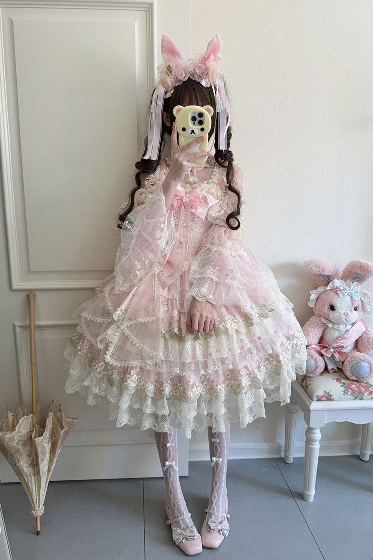 Pink Falling Flowers in the Rain Sleeveless Ruffle Embroidery Bowknot Sweet Chinese Style Lolita Jsk Dress