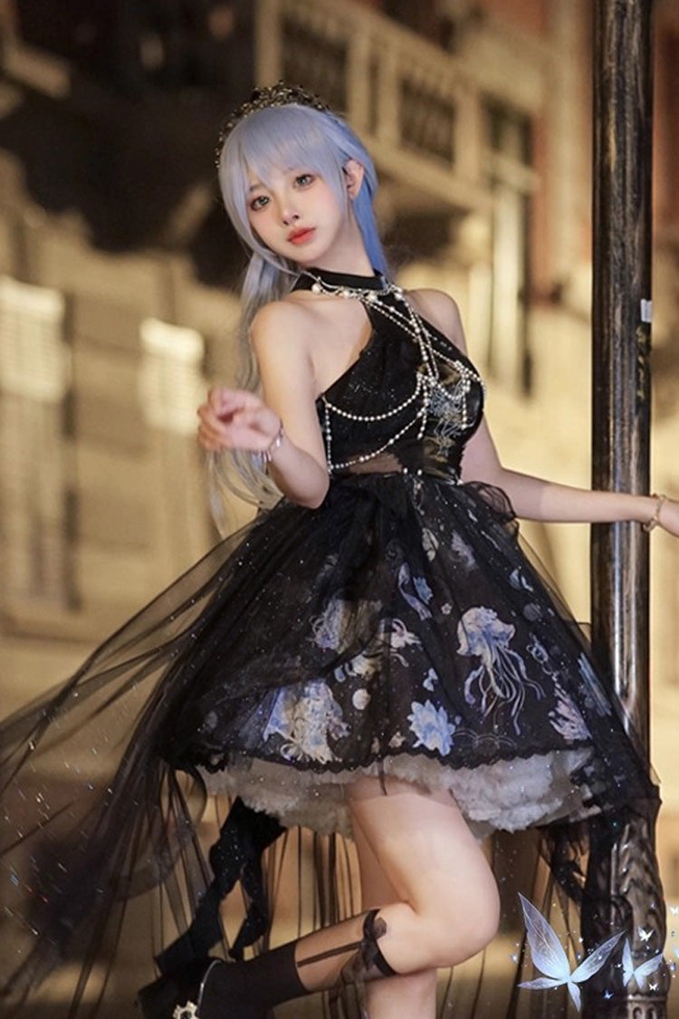 Blue Deep Sea Jellyfish Halterneck Sleeveless Print Embroidery Bowknot Lace Sweet Elegant Lolita Jsk Dress