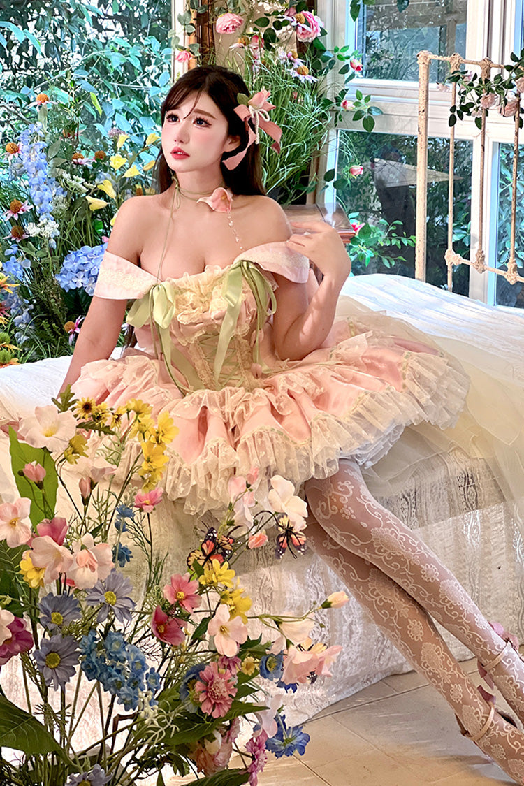 Pink Tulip Love Song Boat Neck Double-Layered Ruffle Bowknot Lace Lace-Up Romantic Sweet Princess Lolita Dress