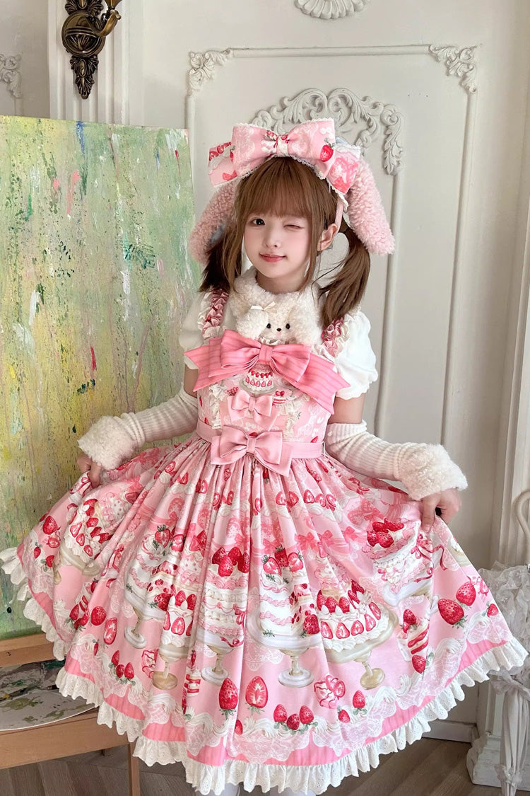 Pink Strawberry Cake Printed Ruffled Bow Daily Sweet Lolita Jsk Dress