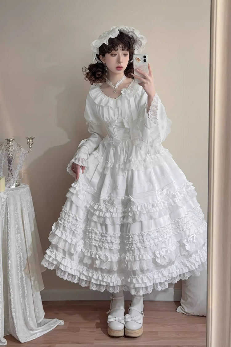 White Layered Buttercream Frosting Short Sleeves Ruffle Bowknot Lace Sweet Lolita Dress