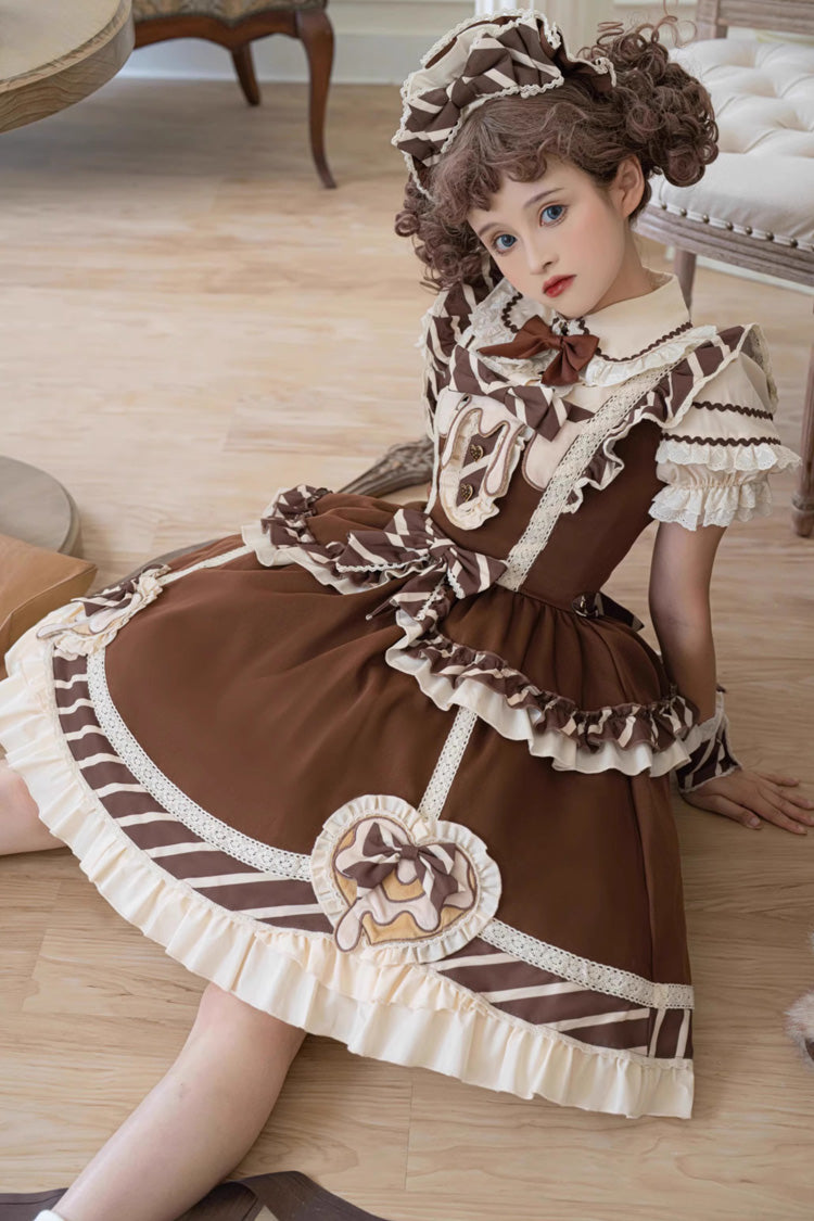 Brown Short Sleeves Print Ruffle Bowknot Sweet Princess Lolita Jsk Dress Set