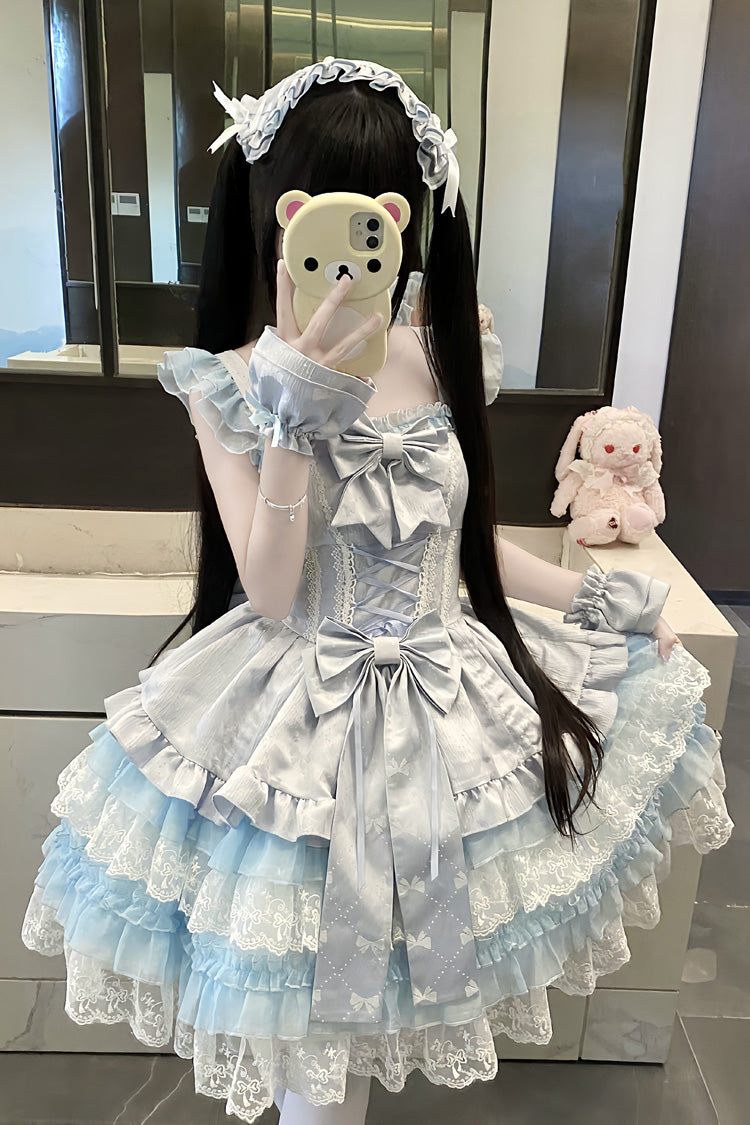 Blue Misty Mountain Veil Sleeveless Multi-Layered Ruffled Bow Lace Sweet Princess Ballet Lolita Jsk Dress