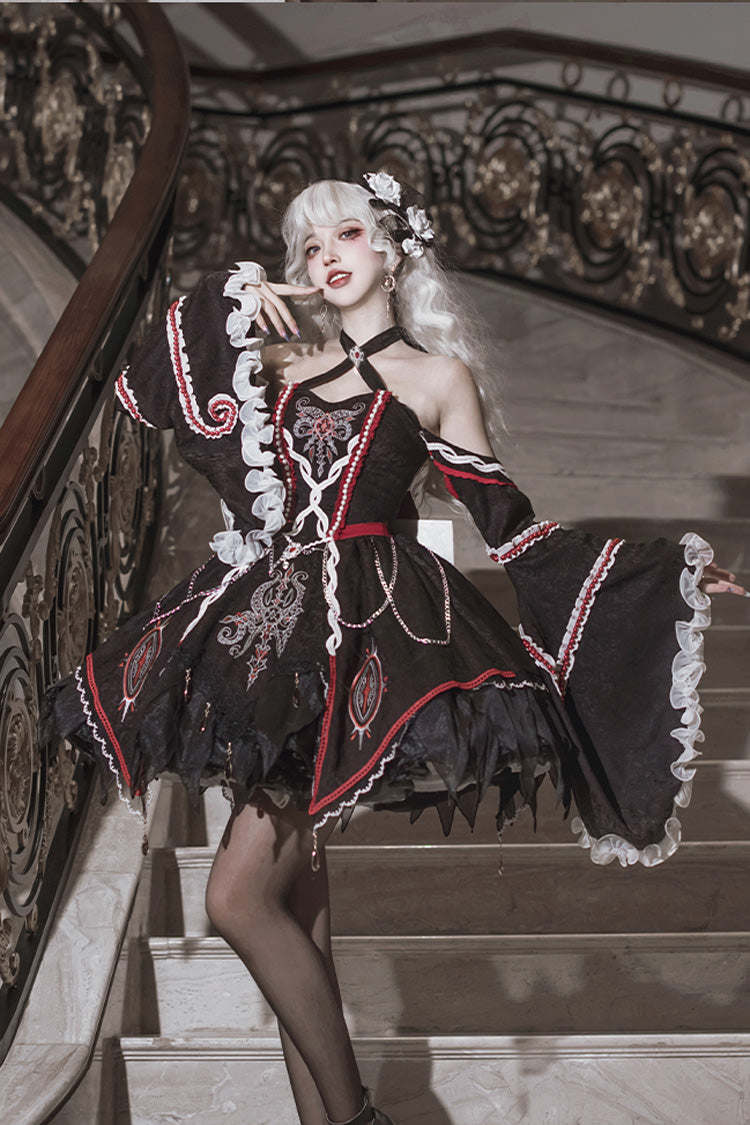 Black Phantom Devourer Off Shoulder Long Hime Sleeves Print Embroidery Gothic Lolita Dress