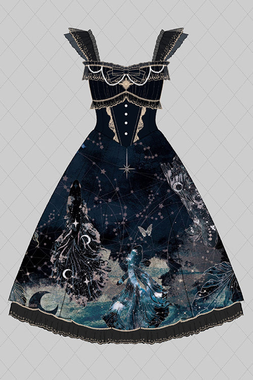 Black Ruffled Bow Star Moon Mermaid Print Gothic Lolita JSK Dress
