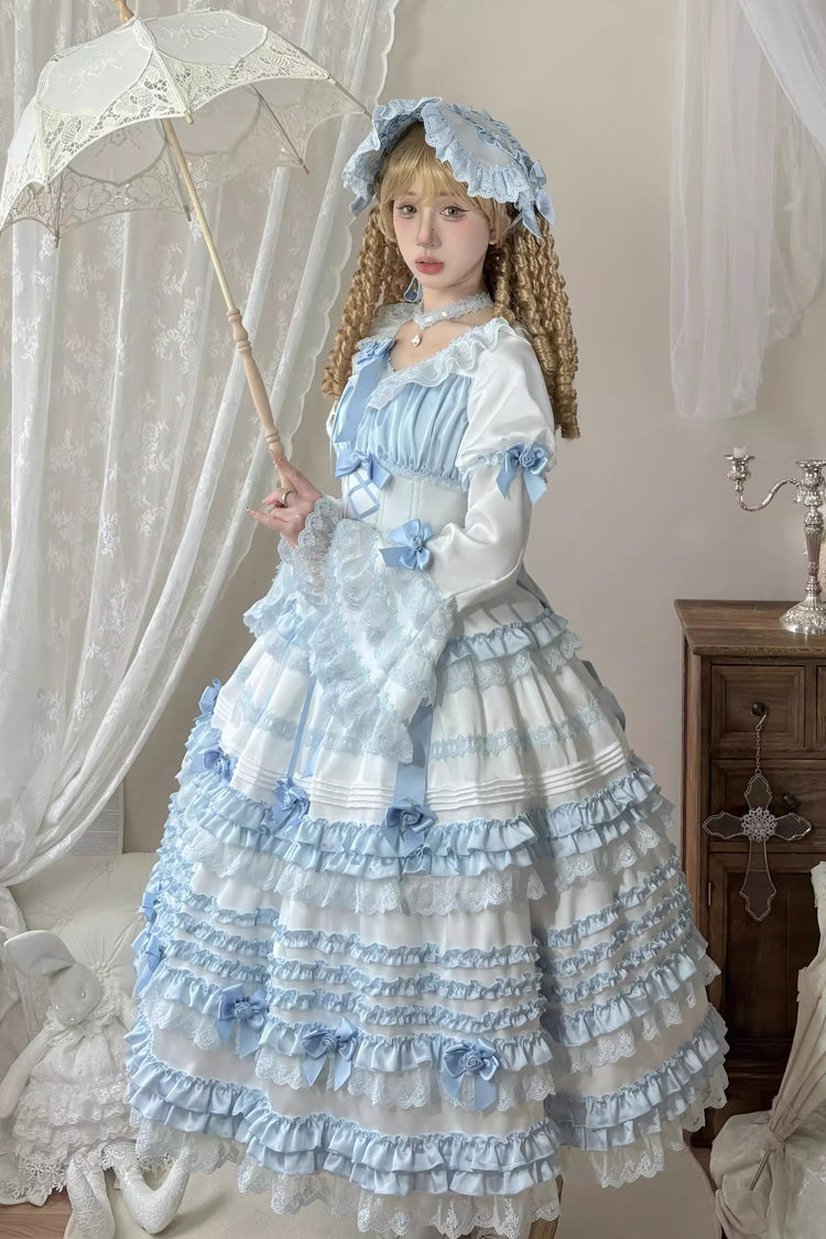 White/Blue Layered Sea Salt Ice Short Sleeves Ruffle Bowknot Lace Sweet Lolita Dress