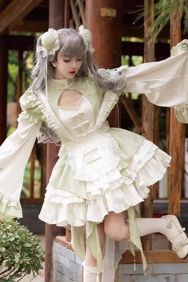 Green Long Trumpet Sleeves Ruffle Bowknot Lace Sweet Chinese Style Lolita Jsk Dress Set