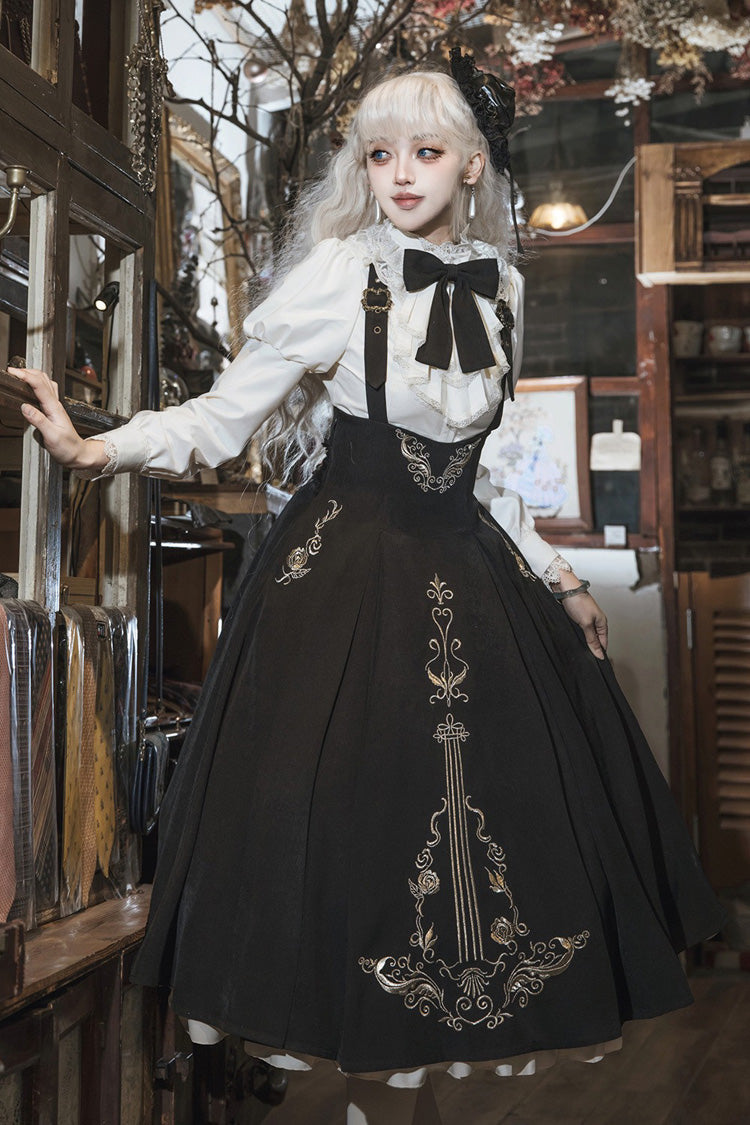Black/White Violin Variations Ruffled Embroidered Gothic Lolita Jumper Dress Set