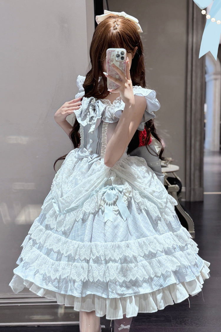 Blue Fairy Tale Advent Multi-Layered Ruffle Bowknot Lace Sweet Princess Gorgeous Lolita Tiered Dress