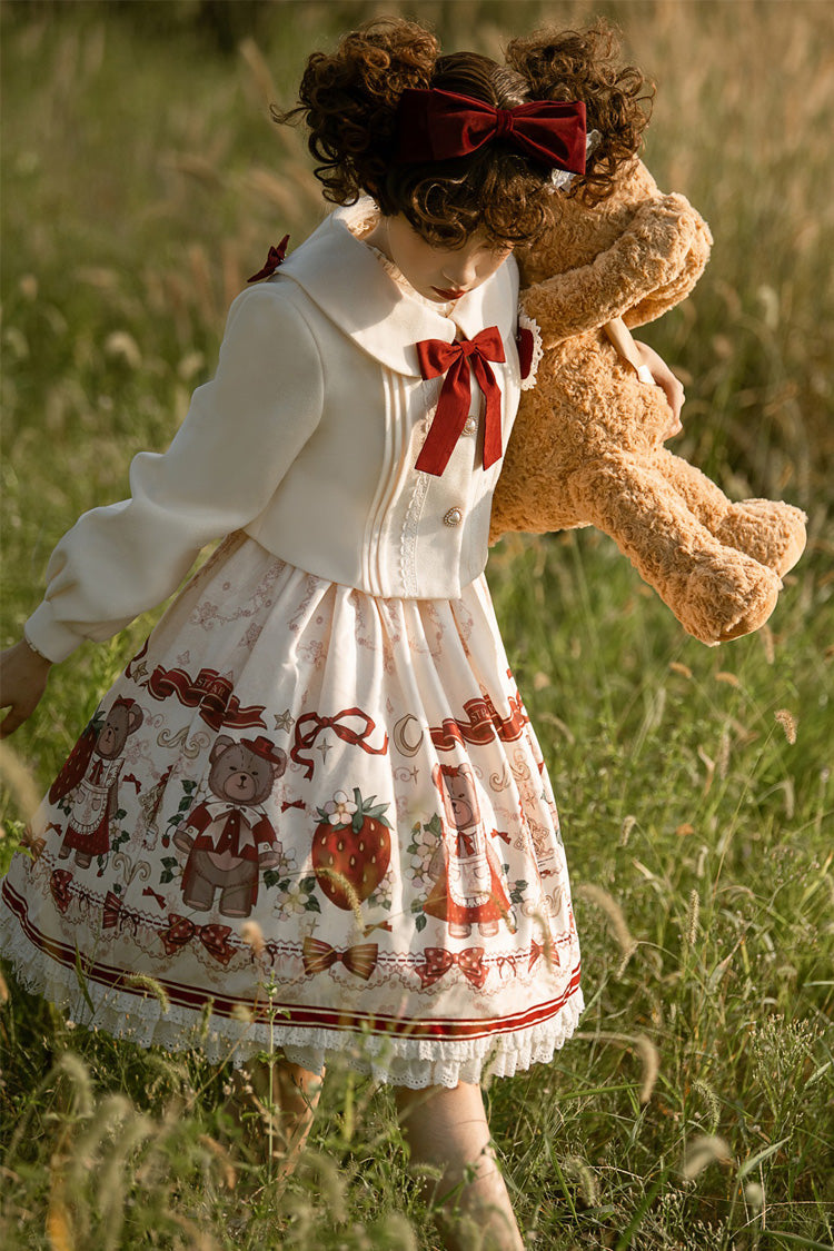 Ivory/Red Strawberry Bear Print Ruffle Bowknot Sweet Princess Lolita Jsk Dress