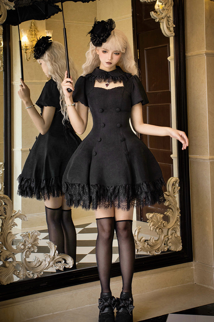 Black Midnight Whisper Double-breasted Short Sleeves Hollow Gothic Lolita Dress