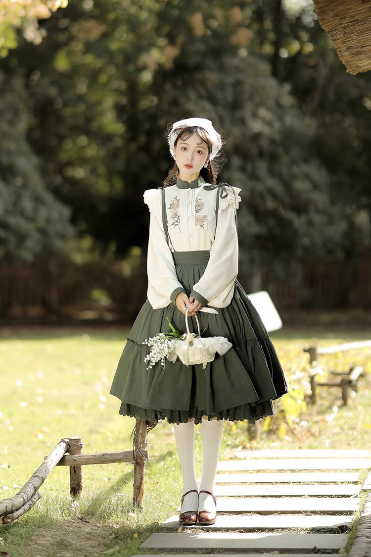 White/Green Country Style Midsummer Sunflower Sweet Lolita Skirt Two-Piece Set
