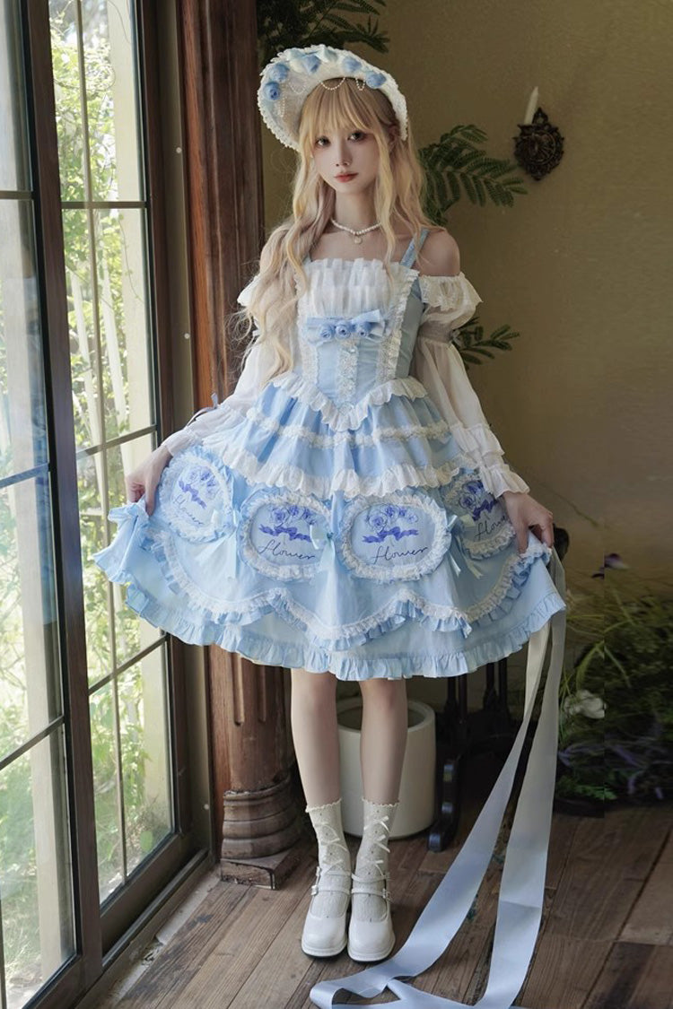 Blue Butterfly Dream Multi-Layered Print Ruffle Bowknot Sweet Princess Lolita Jsk Dress