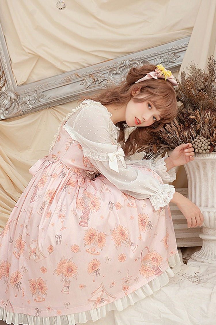 Pink Miss Sunflower Sleeveless Printed Ruffled Bow Sweet Lolita Jsk Dress