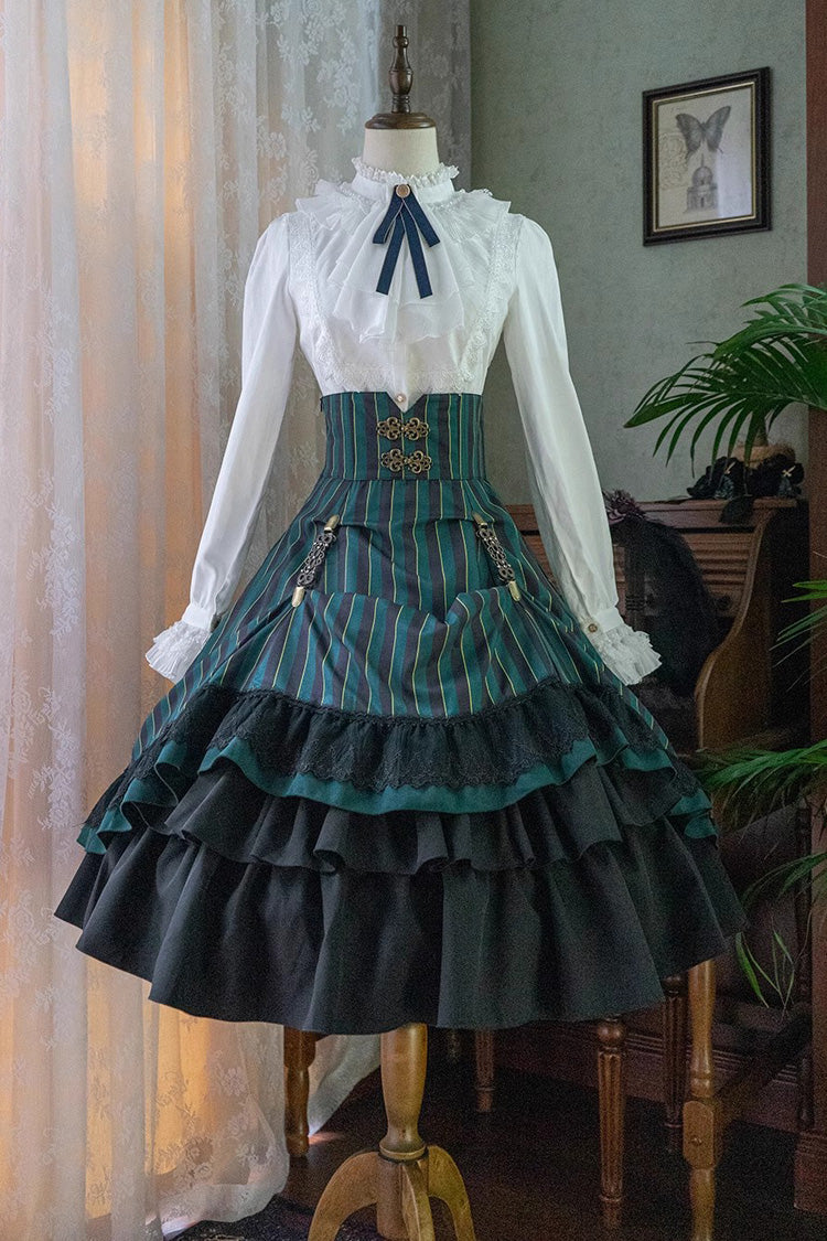 Point Manor Multi-layer Striped Print Ruffle Vintage Elegant Gothic Lolita Skirt 4 Colors