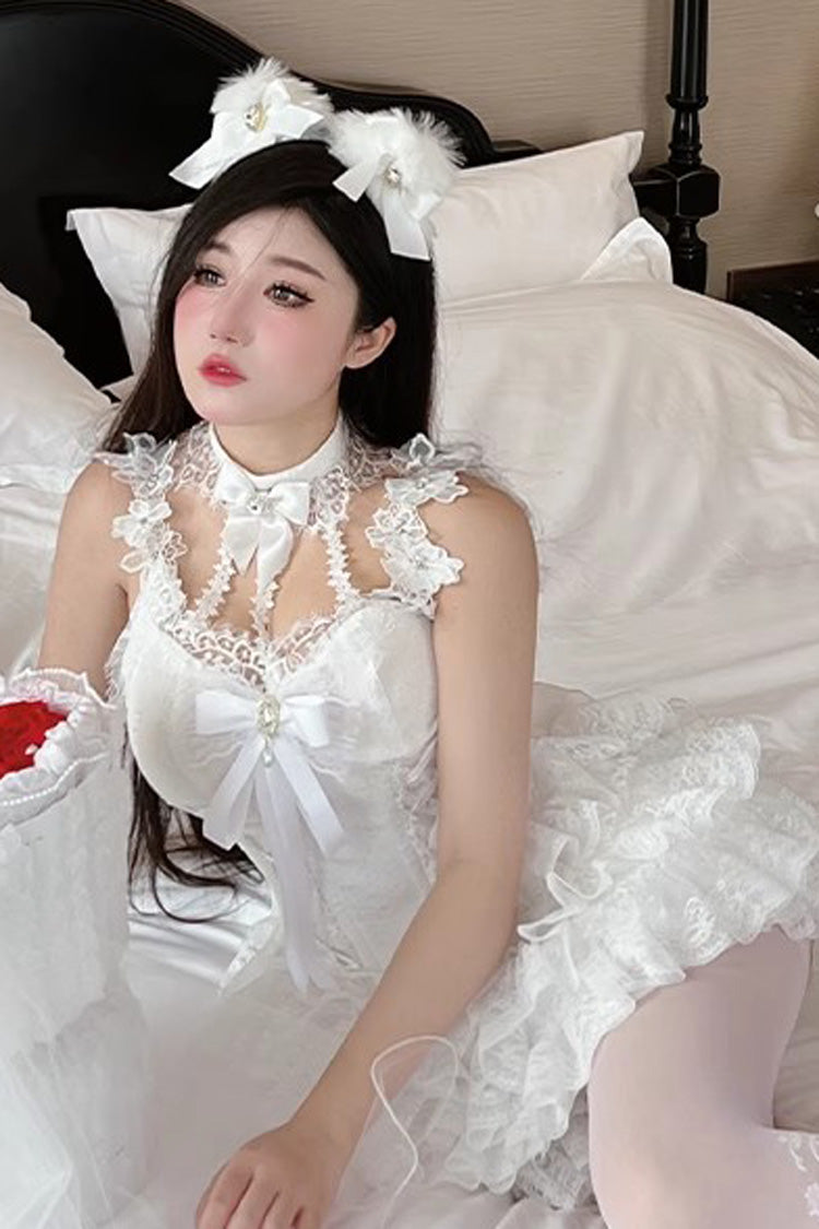 White Multi-layer Ruffle Hanayome Bowknot Lace Sweet Mini Lolita Skirt Dress