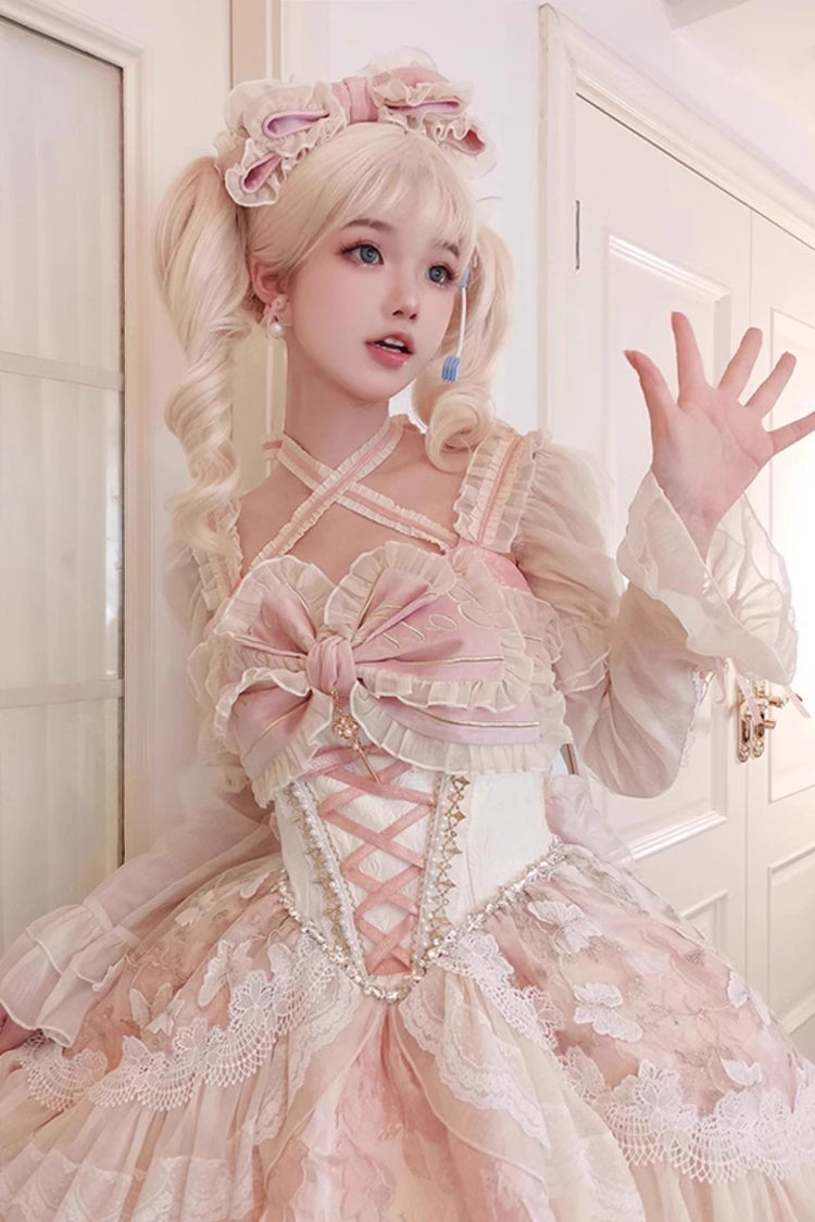 Pink Lilibet Print Ruffle Cardigan Bowknot Lace Fishbone Sweet Lolita Dress