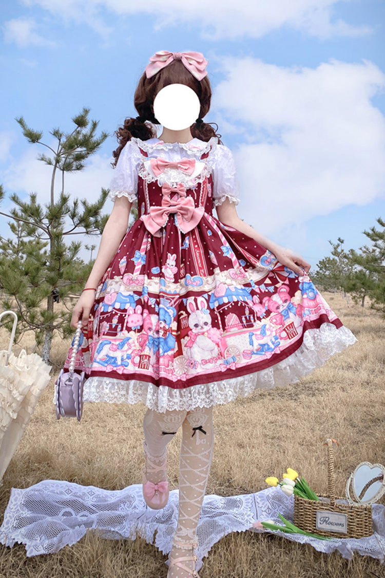 Wine Red Doll Playground Print Ruffle Bowknot Sweet Lolita Jsk Dress