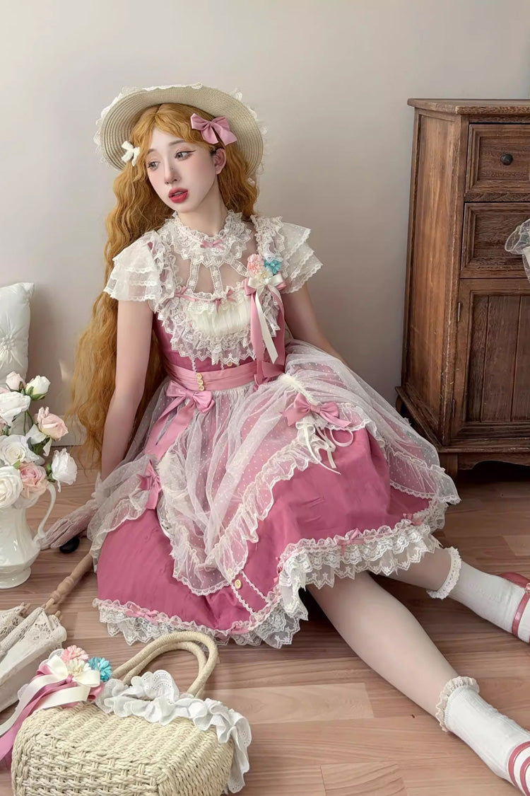 Rose Red Sakura's Spring Resonance Sleeveless Ruffled Bow Sweet Lolita Jsk Dress (Short Version)