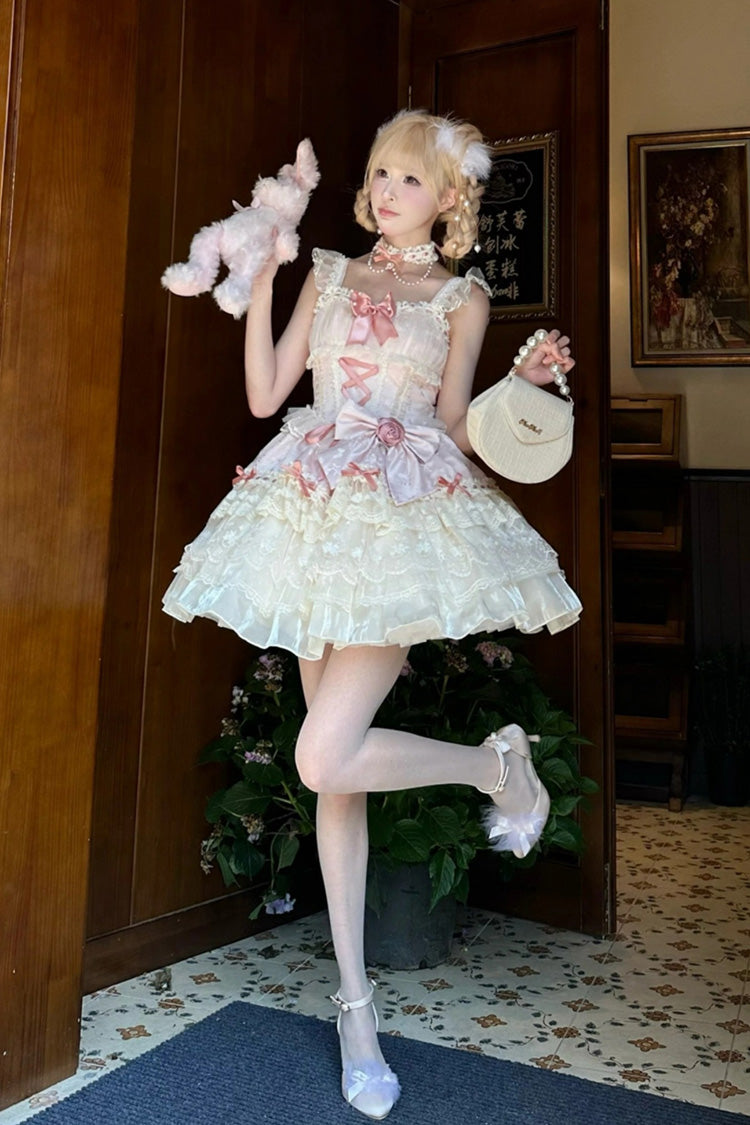Pink Rose Canticle Sleeveless Multi-Layered Bowknot Lace Lace-Up Pearl Ballet Sweet Lolita Jsk Dress