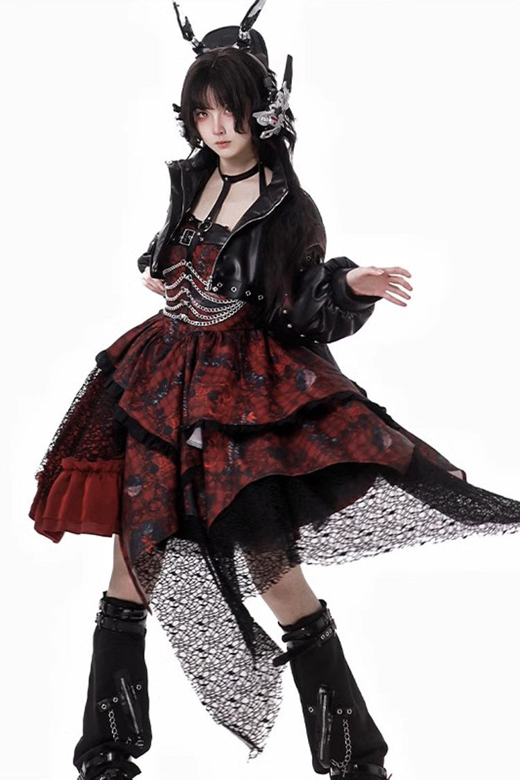 Red Strawberries of Blood and Tears Sleeveless Print Ruffle Bowknot Lace Asymmetric Gothic Lolita Jsk Dress