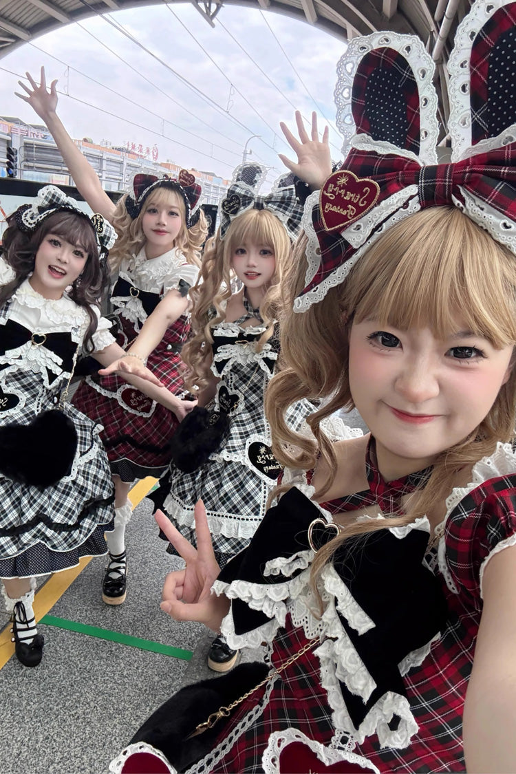 Black/White Shibuya Sweetheart Short Sleeves Plaid Print Ruffle Bowknot Sweet Lolita OP Dress (Plus Size Support)