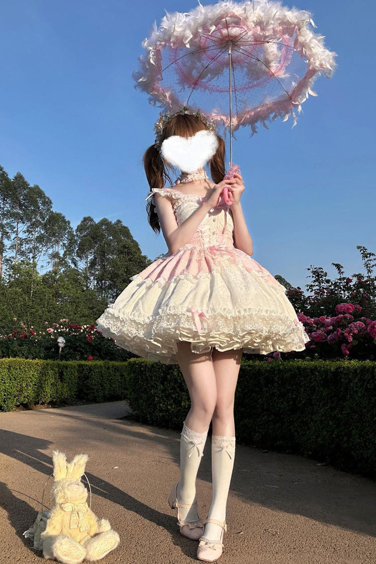 Pink Leiffu Sleeveless Ruffle Bowknot Lace Lace-Up Sweet Ballet Lolita Jsk Dress