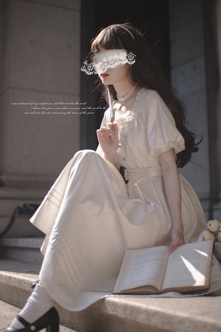 Apricot Random Thoughts Square Collar Short Sleeves Ruffle Classic Vintage Elegant Lolita Dress