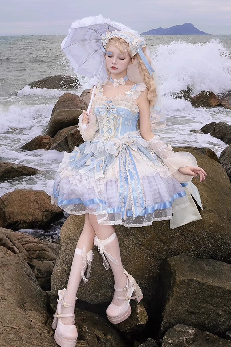 Blue Moonstone Sleeveless Ruffle Embroidery Bowknot Lace Fishbone Sweet Princess Lolita Dress
