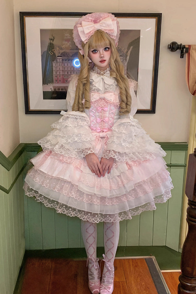 Pink/White Love Overture Multi-Layered Ruffle Bowknot Lace Sweet Lolita Jsk Dress