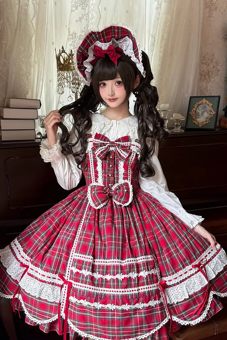 Red Gingham Petal Bunny Printed Ruffled Bow Sweet Lolita Jsk Dress
