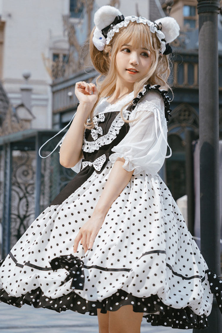 White/Black Polka Dot Print Bowknot Princess Sweet Lolita Suspender Dress