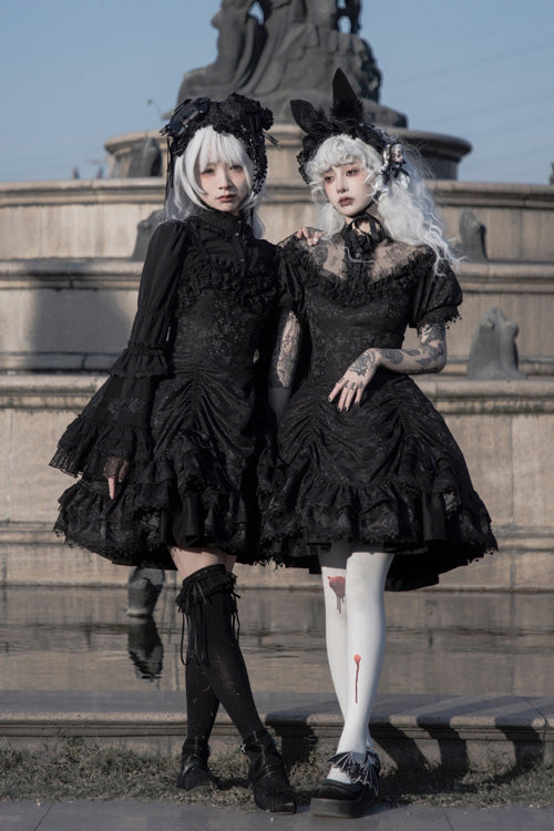 Dark Black High Waisted Ruffled Hanayome Gothic Lolita Dress