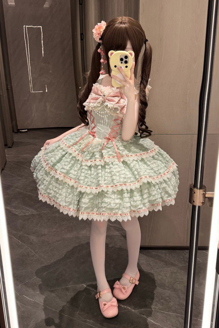 Green Song of Floral Letters Sleeveless Triple-Layered Bowknot Lace-Up Sweet Lolita Jsk Dress
